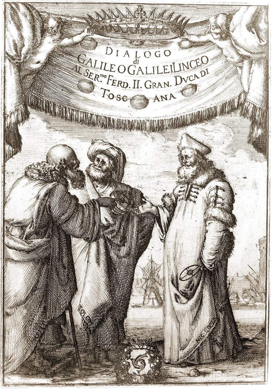 Aristoteles, Ptolemaios a Mikuláš Koperník (Nicolaus Copernicus, 1473-1543) (astronomové) v rozhovoru - v „Dialogo sopra i due massimi sistemi del mondo“ de Galileo, Galilei linceo, al Ser. po F od Unknown