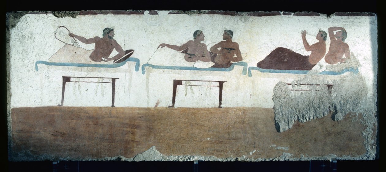 Řecký obraz z hrobky potápěče, Paestum, 480 př. n. l. Banketáři. Scéna sympozia, Itálie od Unknown