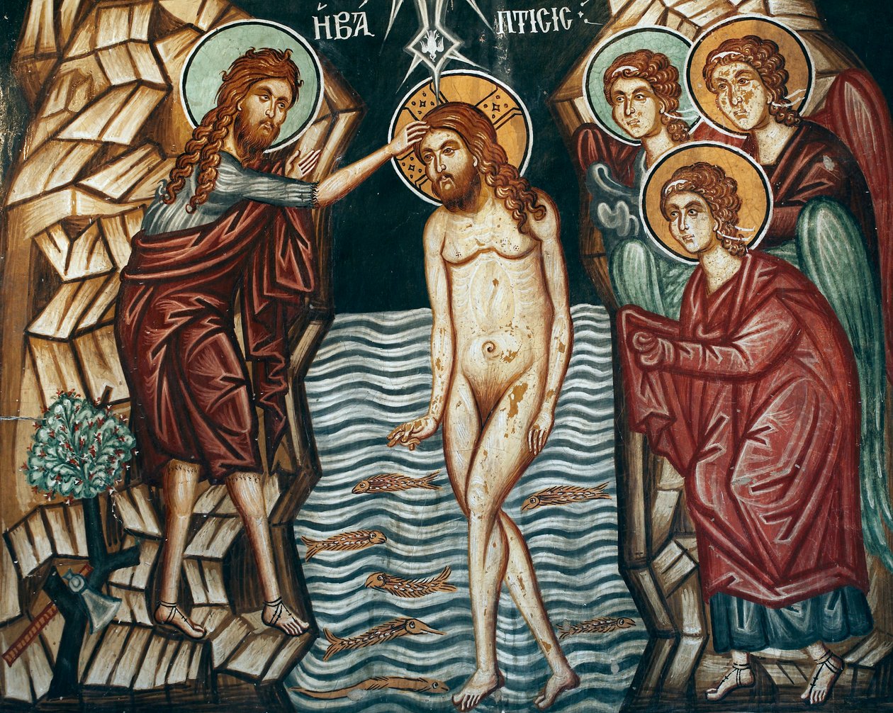 Byzantská freska z 15. století Kristus Baptim Nástěnná malba Michael Archanděl Kostel v Pedoulas Kypr Malované kostely UNESCO Troodos, Kypr od Unknown