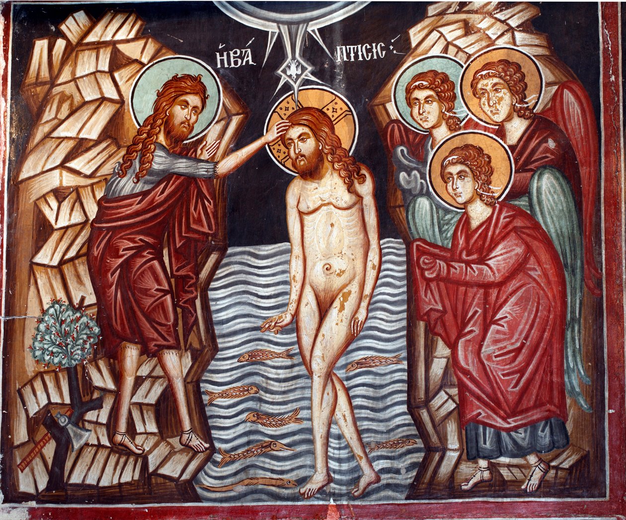 Byzantská freska z 15. století Kristus Baptim Nástěnná malba Michael Archanděl Kostel v Pedoulas Kypr Malované kostely UNESCO Troodos, Kypr od Unknown