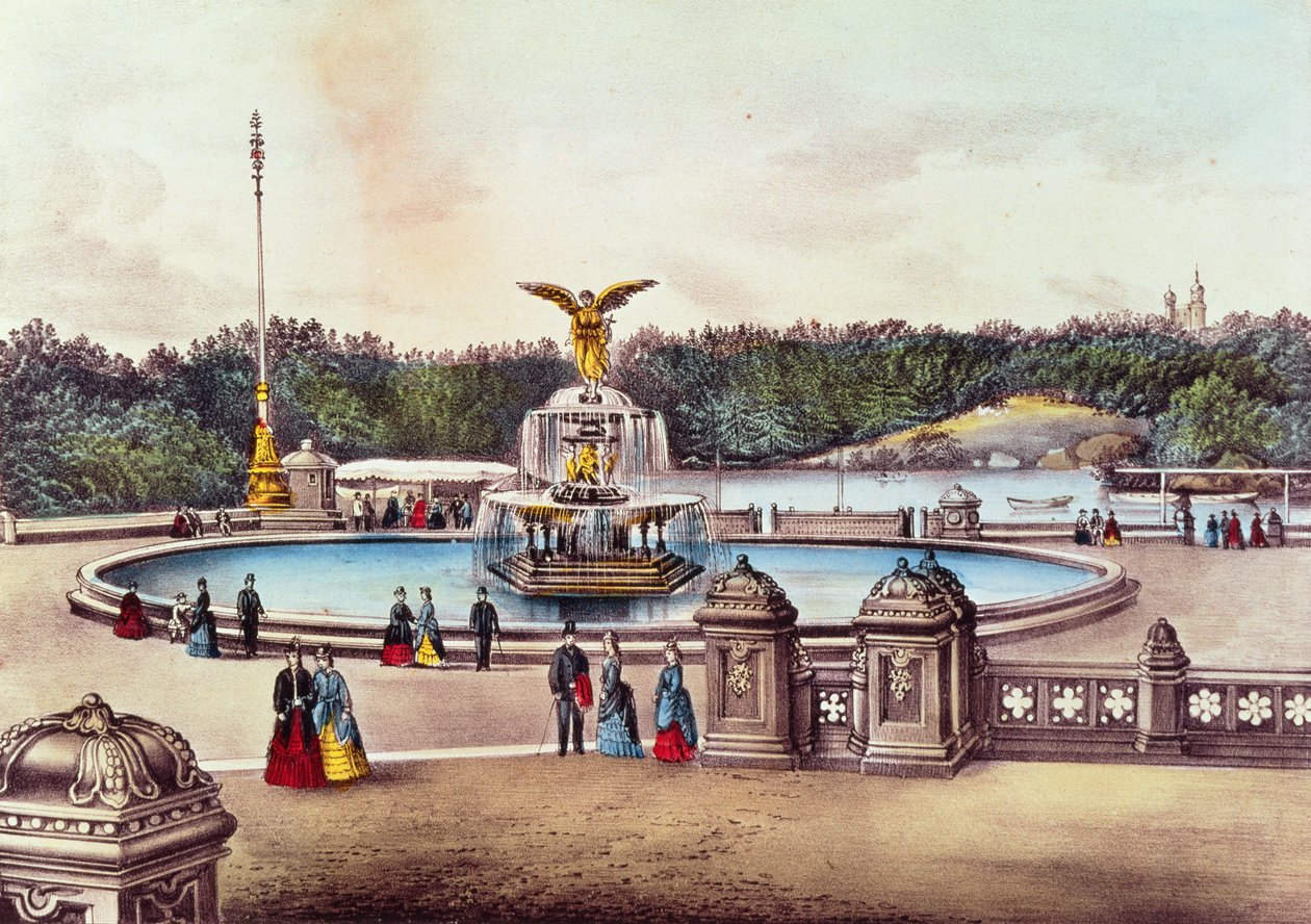 Bethesda Fountain, Central Park, New York, publikoval Nathaniel Currier (1813-88) a James Merritt Ives (1813-88) (barevné lito) od American School