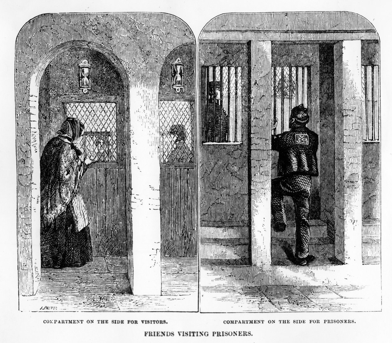 Přátelé navštěvující vězně v House of Correction, Coldbath Fields, tisk vytvořil J. Palmer, ilustrace z „The Criminal Prisons of London and Scenes of London Life“ od Henryho Mayhewa a Johna B. od English School