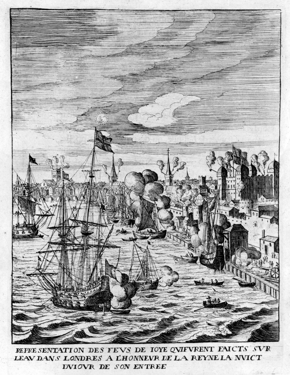 Zapálené ohně v Tower of London a palba z děl na počest příjezdu královny Marie de Medici, ilustrace z „Histoire de Entrée de la Reyne Mère dans la Grande Brétaigne“ od Jean Puget de od English School
