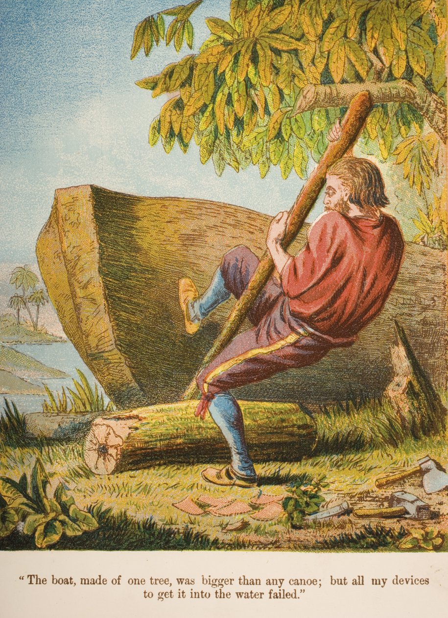 „Člun, vyrobený z jednoho stromu, byl větší než jakákoli kanoe; ale všechna moje zařízení na to, abych ho dostala do vody, selhala.“, ilustrace z „Robinson Crusoe“ od Daniela Defoe (1660-1731) kolem 1860 (chromolitho) od English School