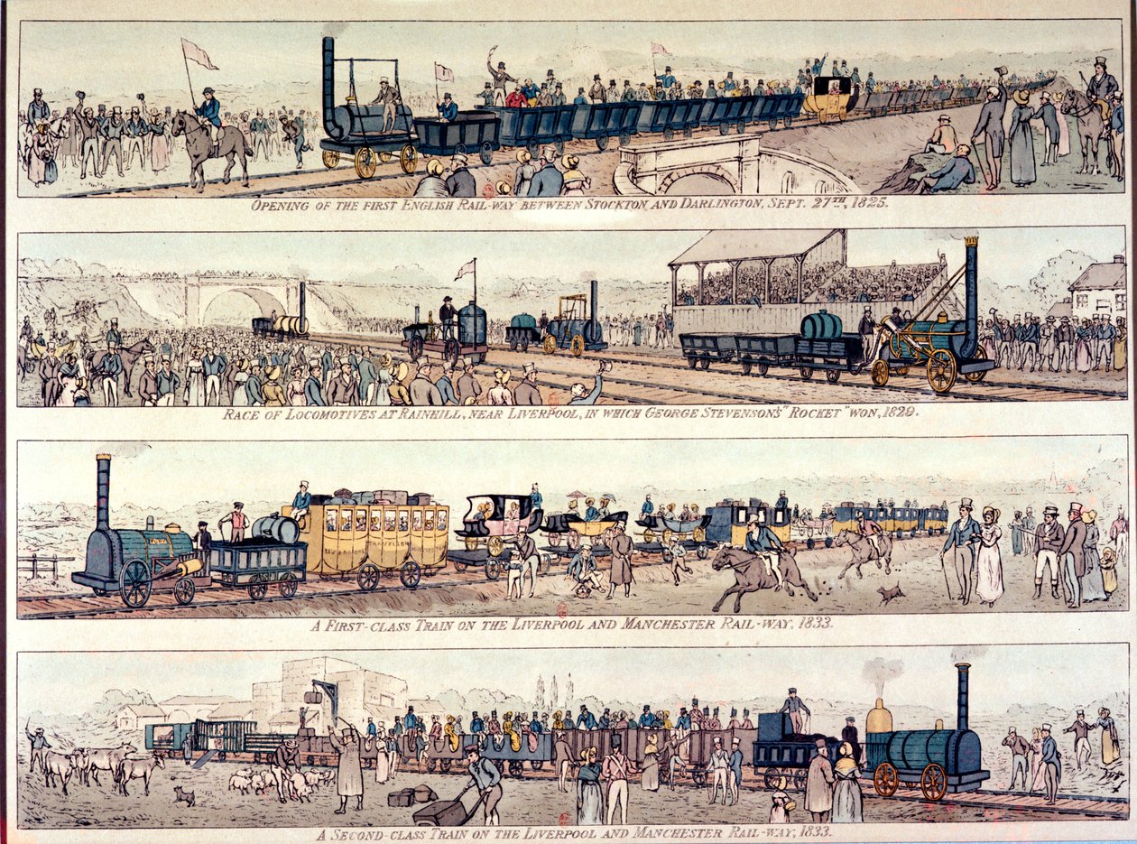 Otevření železnice Stockton a Darlington, 1825; Závod lokomotiv v Rainhill, poblíž Liverpoolu, vyhrál 