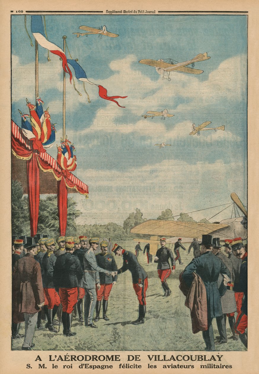 Na letišti Villacoublay, H. M. Alfonso XIII, španělský král blahopřál letcům letectva, ilustrace na zadní straně obálky z „Le Petit Journal“, příloha, 18. května 1913 od French School