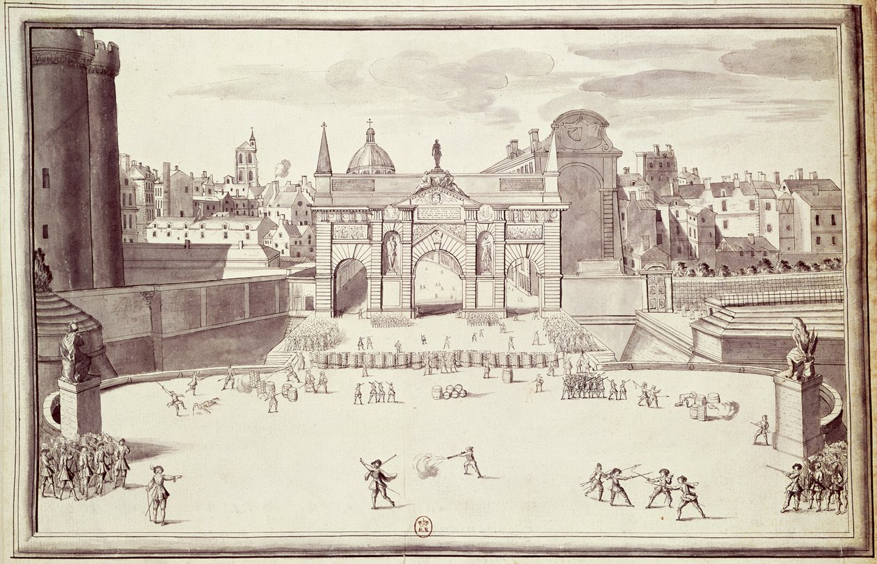 Barikády v Porte Sainte-Antoine, 26. srpna 1648 (pero a inkoust na papíře) od French School