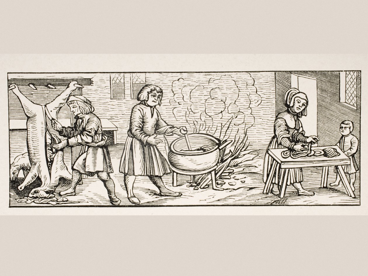 Interiér kuchyně podle dřevorytu v „Calendarium Romanum“ od Jeana Staefflera, tištěný Tubingen, Německo, 1518, z „Le Moyen Age et La Renaissance“ od Paula Lacroixe (1806-84) vydaného 1847 (lit. od French School