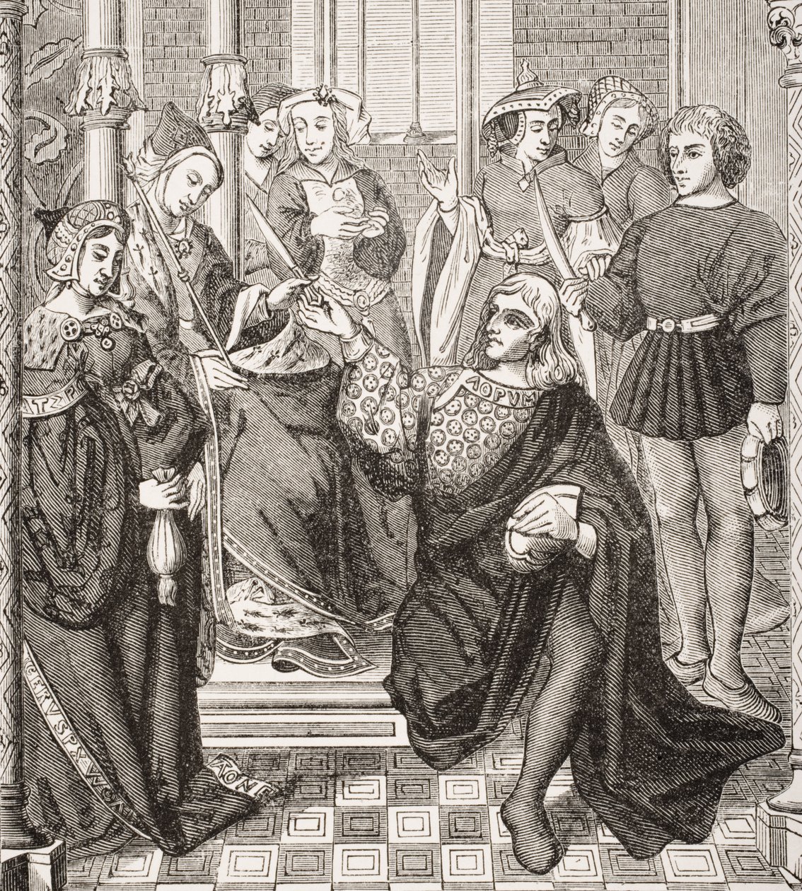 Královna Fredegond dává rozkaz dvěma mužům z Terouanne, aby zavraždili Sigberta, krále Austrasie, z „Le Moyen Age et La Renaissance“ od Paula Lacroixe (1806-84) vydaného v roce 1847 od French School