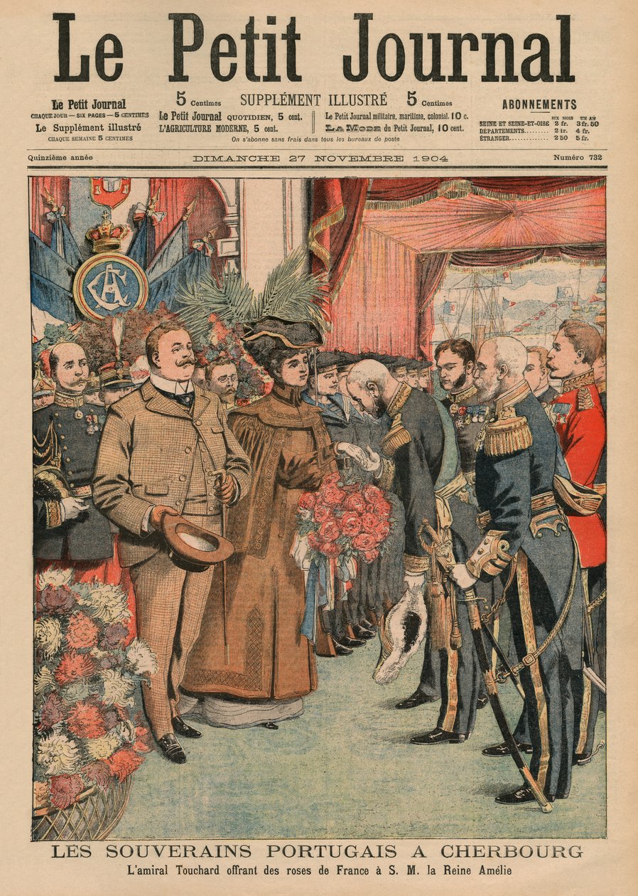 Portugalští panovníci v Cherbourgu, admirál Touchard nabízející francouzské růže Jejímu Veličenstvu portugalské královně Amelii, ilustrace na přední straně obálky z 
