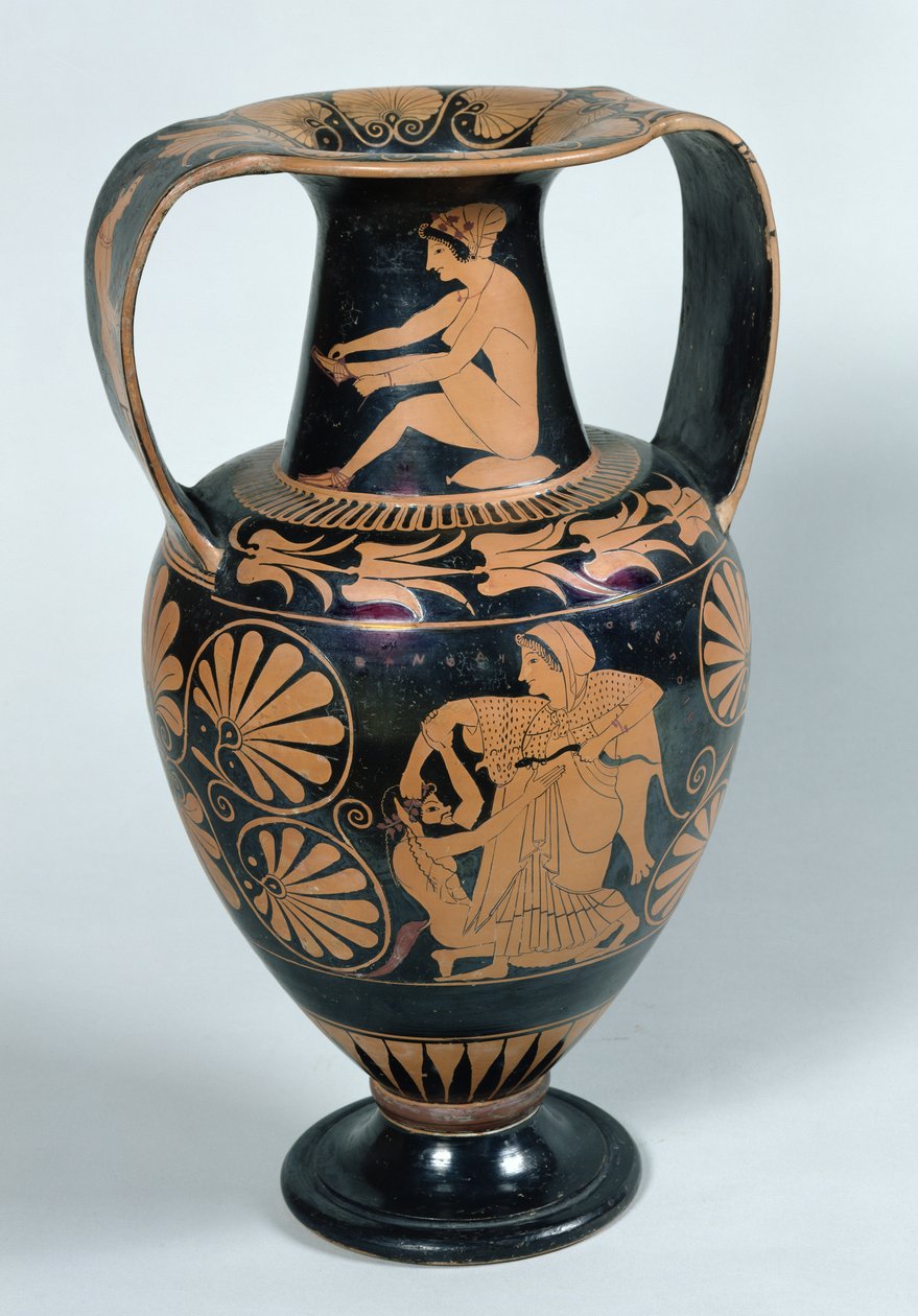 Půdní červenofigurová amfora zobrazující maenadu a satyra, od Panphaia (keramika) od Greek
