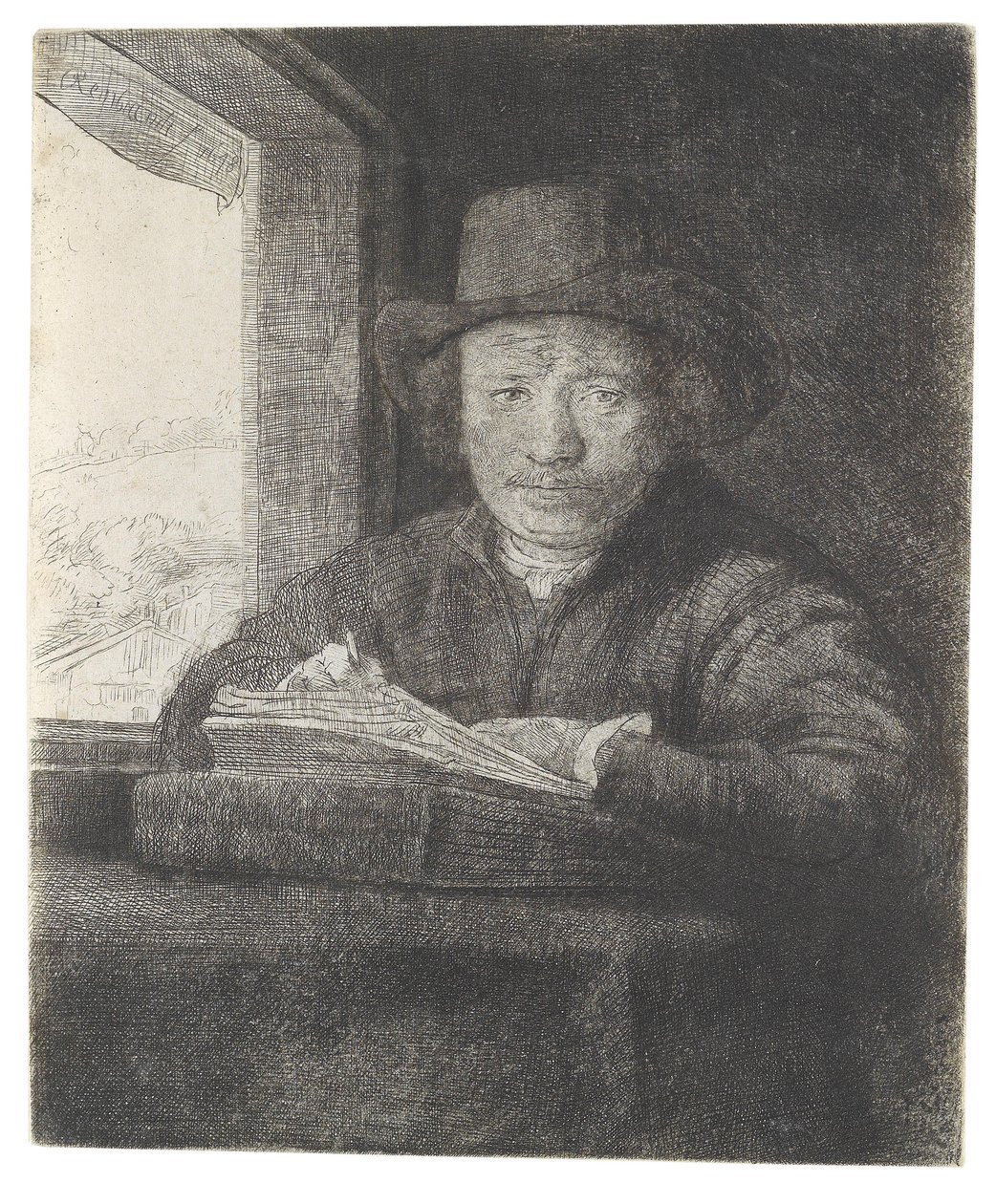 Kreslení autoportrétu u okna od Rembrandt van Rijn