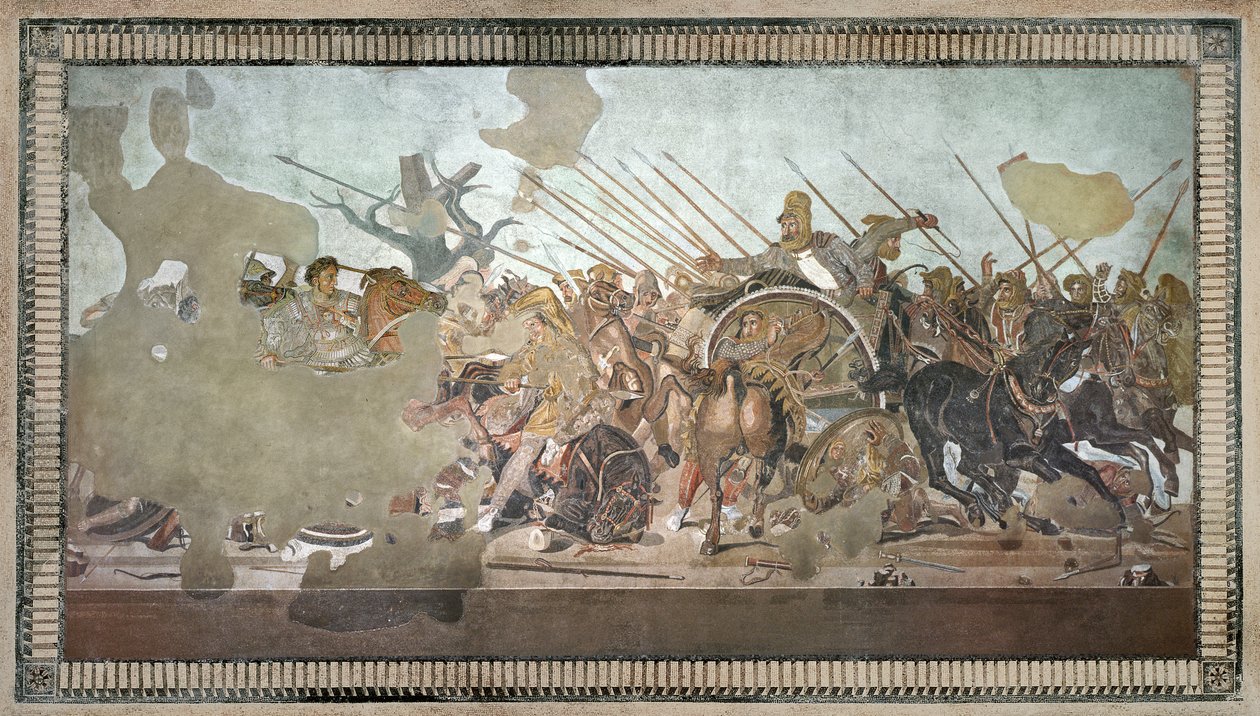 Alexandrova mozaika, zobrazující bitvu u Issu mezi Alexandrem Velikým (356–323 př. n. l.) a Dariem III. († 330 př. n. l.) v roce 333 př. n. l., římská podlahová mozaika odstraněná z Casa del Fauno (Faunův dům) od Roman