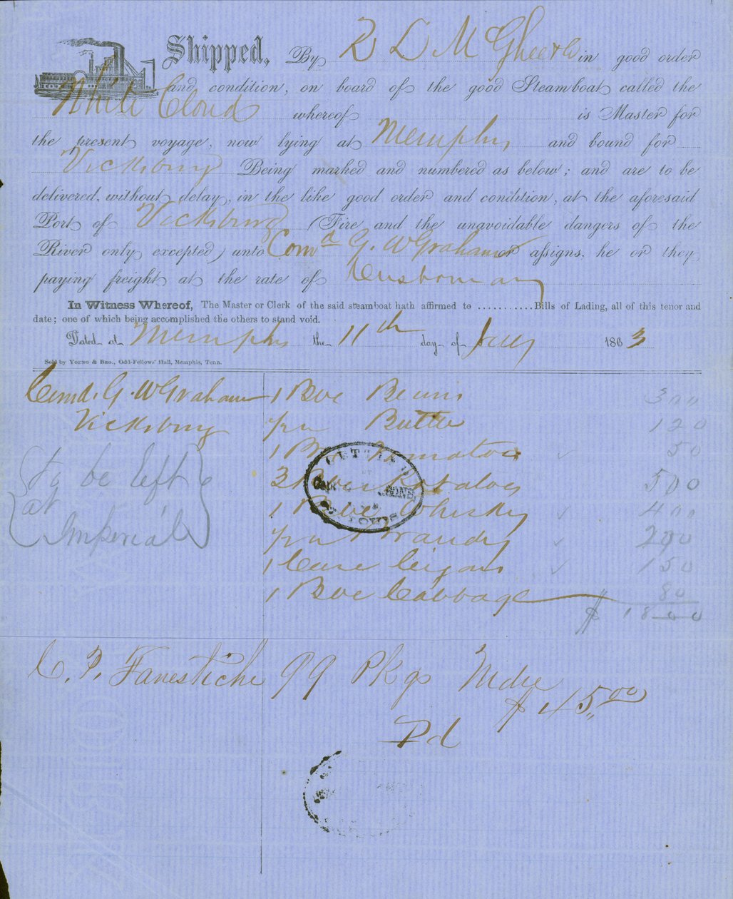 Dokument obsahuje razítko kapitána Charlese Parsonse, pomocného proviantníka v St. Louis od Unknown