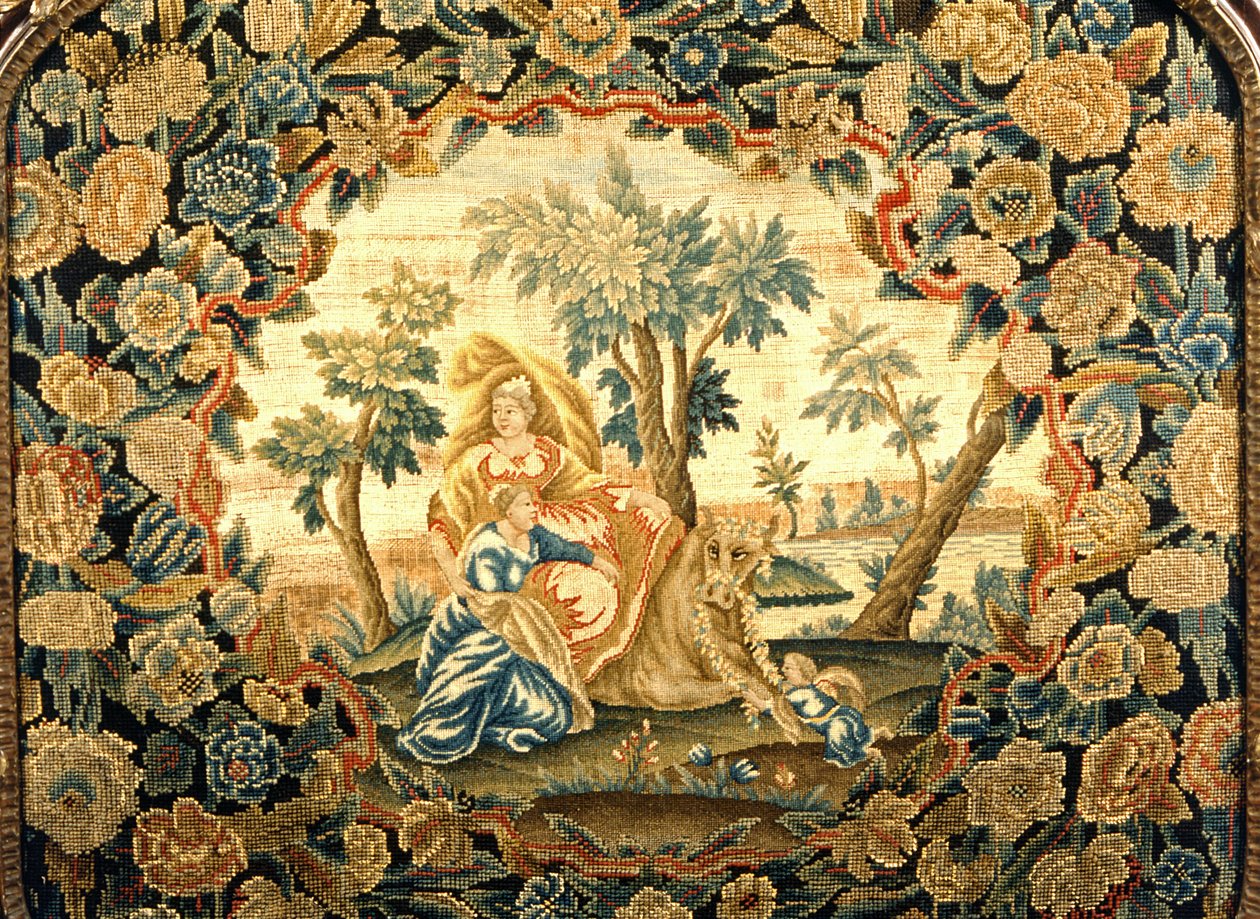 Evropa a býk, detailní záběr na gobelínové plátno v dřevěném rámu Jiřího III., 18. století (vlna a hedvábí) od Unknown