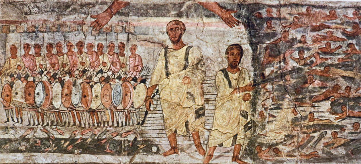 Exodus a přechod Rudého moře (tempera na omítce) od Unknown