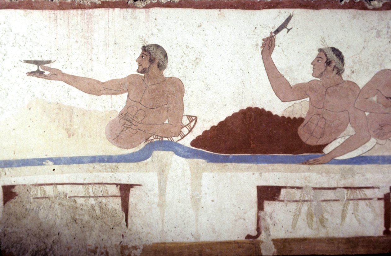 Řecká malba z hrobky potápěče, Paestum, 480 př. n. l. Bankety. Scéna sympozia, Itálie od Unknown
