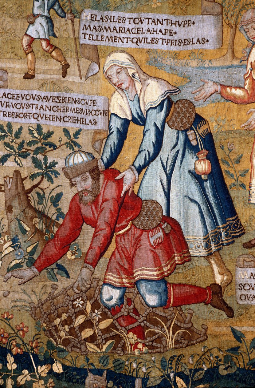 Manche N * 075, Musee de St Lo, “” Les amours de Gombeau (Gombault) a Mace (Macee) “”, Detail gobelínů od Unknown