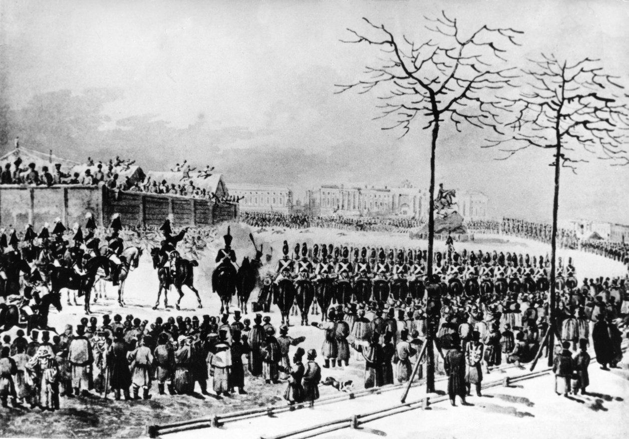 Decembristické povstání, 1825, Senátní náměstí, Petrohrad, Rusko, car Mikuláš I. nařizuje střílet z děl na rebely, 14. prosince 1825, ze starého akvarelu od K, Kolmana. od Unknown