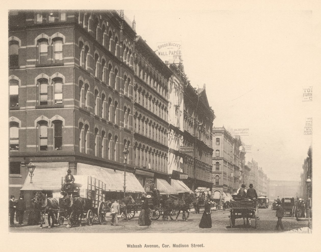 Pohled na roh Wabash Ave. a Madison St., Chicago, 1889 od American Photographer