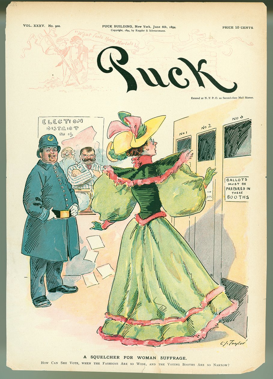 A Squelcher for Woman Suffrage, ilustrace na obálce časopisu Puck, 6. června 1894 od American School