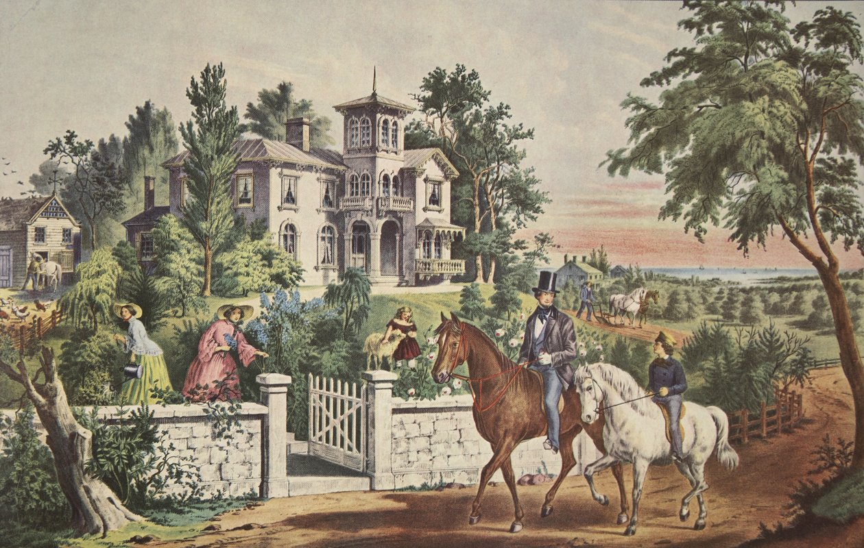 Americký venkovský život - májové ráno, hospoda. 1855, Currier & Ives od American School