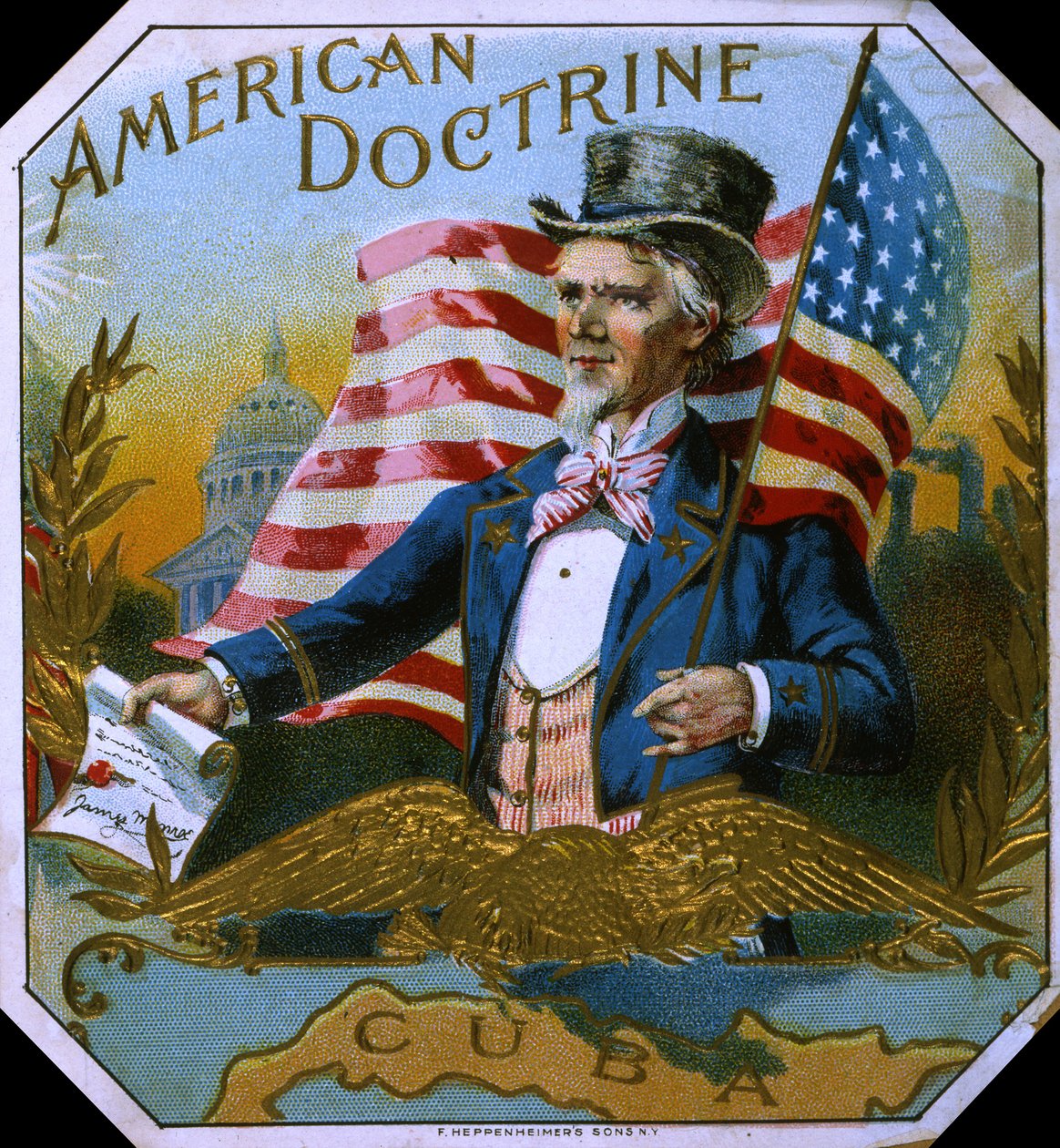 American Doctrine Cigar Box Label, c.1890s od American School