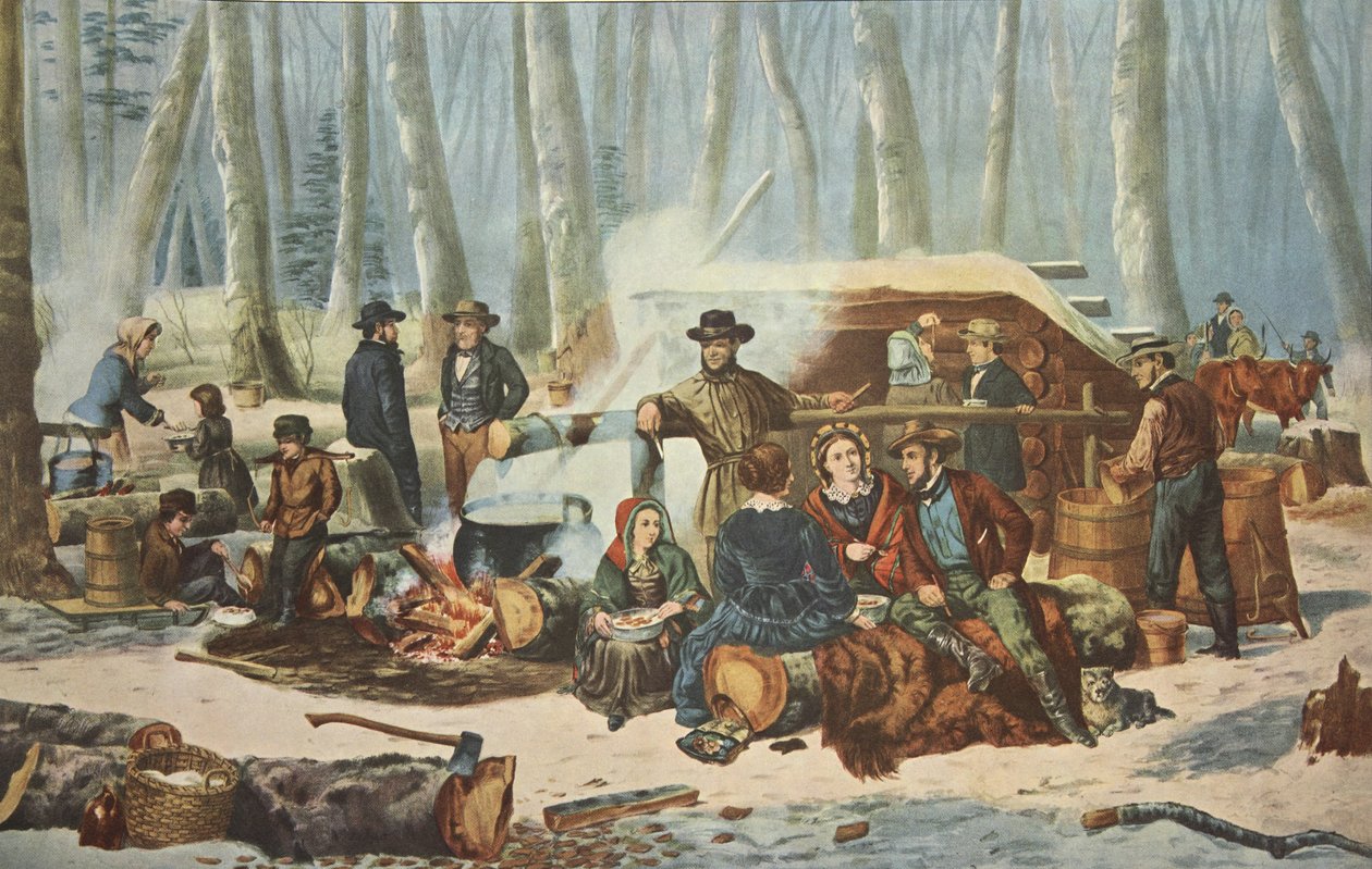 Americká lesní scéna - Maple Sugaring, hospoda. 1856, Currier & Ives od American School