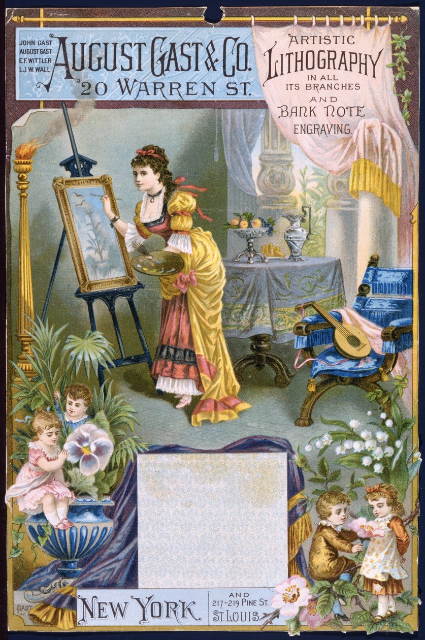August Gast & Co., umělecká litografie a rytina bankovek (barevné lito [vizitka]) od American School
