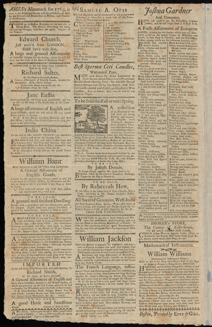 Boston Reklamy na zboží podléhající dovozním clům a obchodním omezením, z Boston Gazette and Country Journal, 7. listopadu 1768 od American School