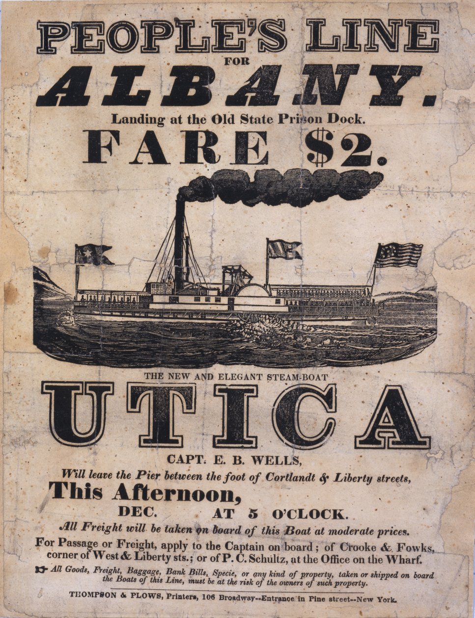 Široká reklama Peoples Line pro Albany, The New and Elegant Steamboat Utica (široká stránka knihtisku) od American School