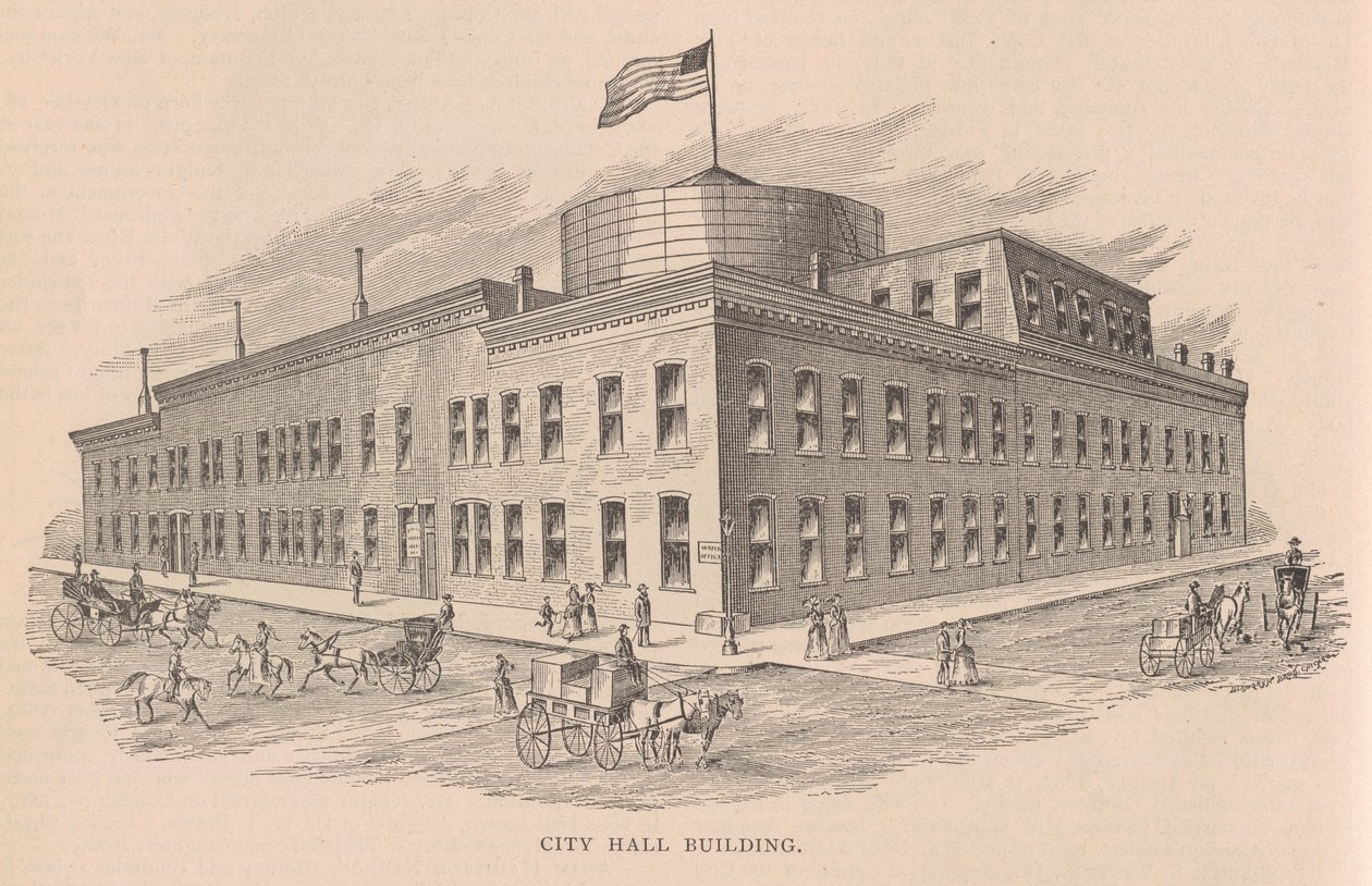 Budova radnice, ilustrace z History of Chicago sv. 2 od Alfreda Theodora Andrease, publikoval 1885 od American School