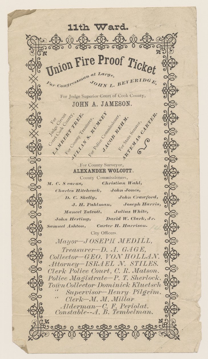 Handbill of the 11th Ward Union Fire Proof Ticket, Chicago, 1871 od American School
