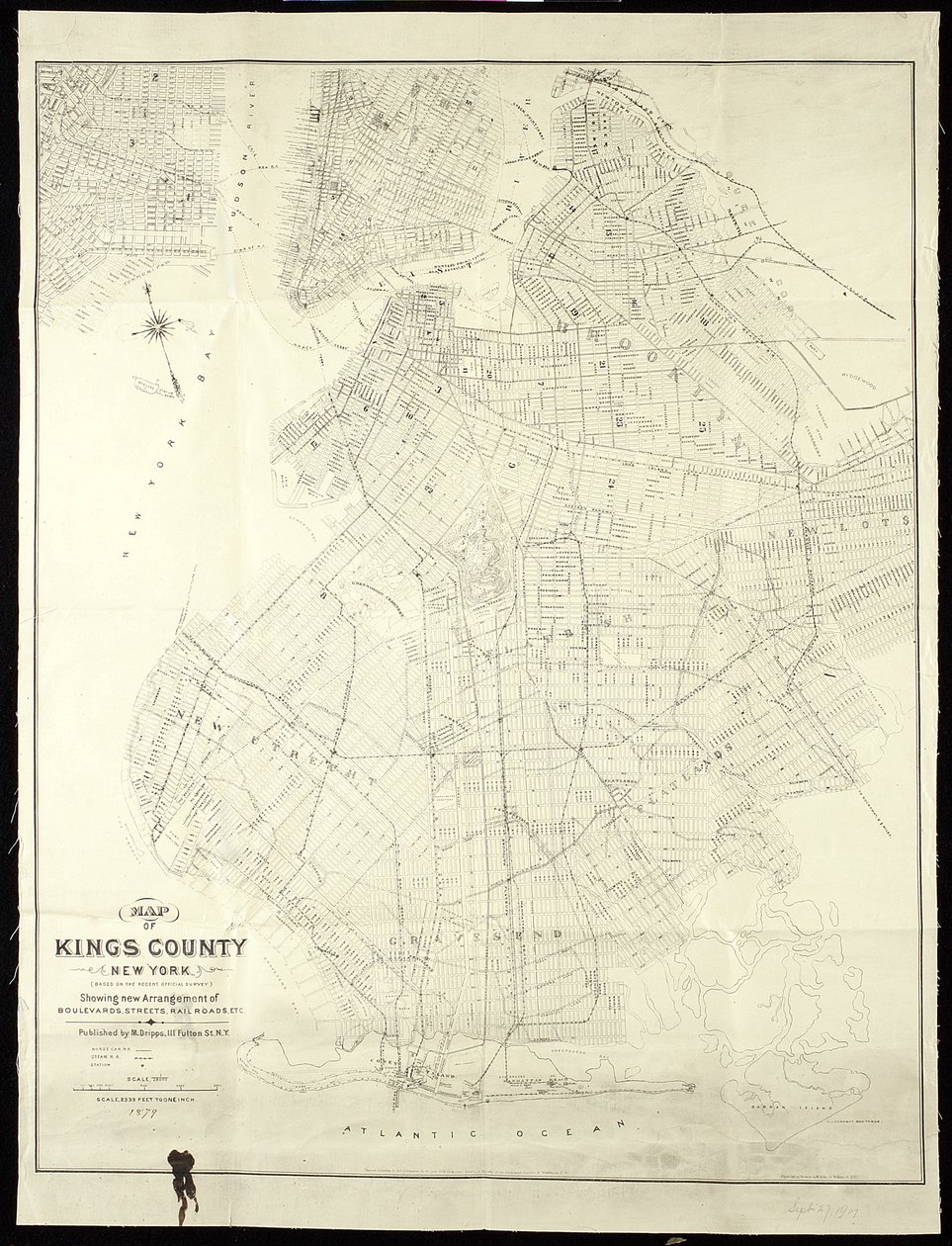 Mapa Kings County, New York, 1879, 1879 (černý inkoust na papíře, podložená látkou) od American School