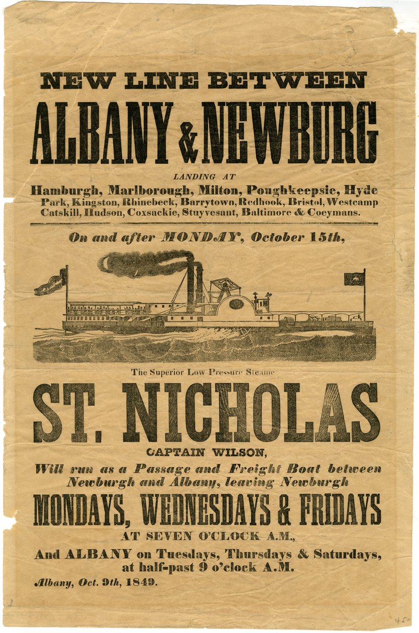 Nová linka mezi Albany a Newburgem... Vynikající nízkotlaký parník St. Nicholas, 1849 (dřevoryt) od American School