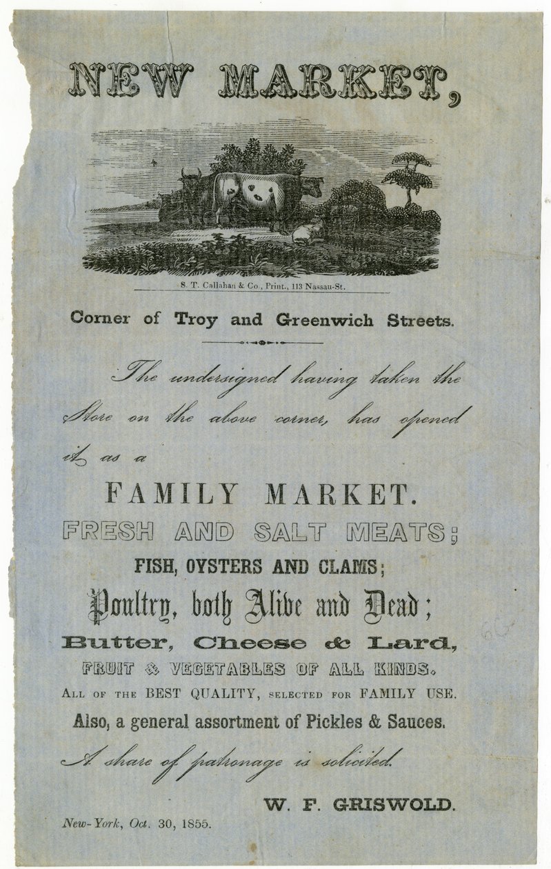 New Market, Corner of Troy a Greenwich Streets.... Family Market., 1855 od American School