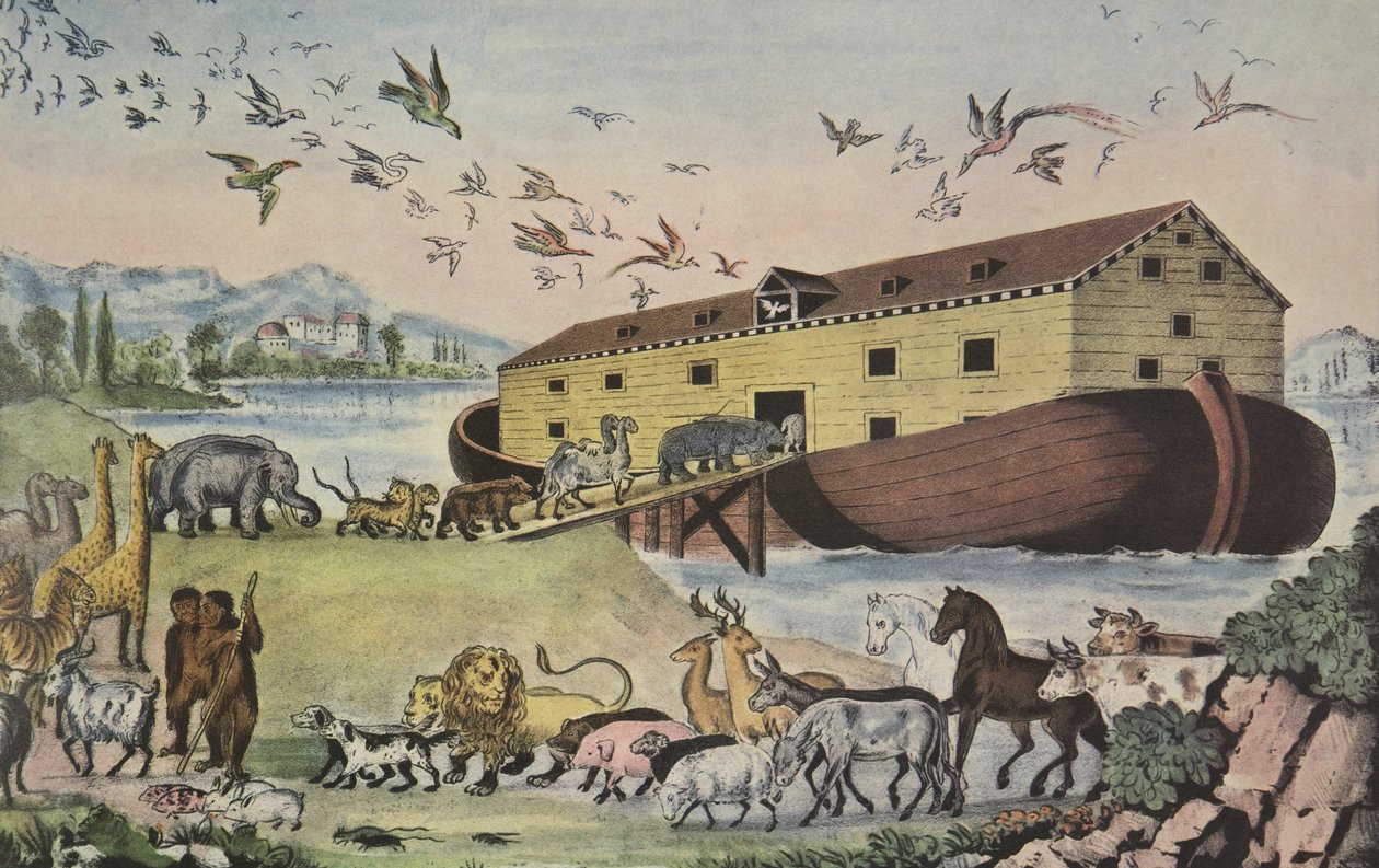 Noemova archa, A vešli k Noemovi do archy, dva a dva ze všeho těla, kde je dech života - Gen. VII 15, hospoda. 1865, Currier & Ives od American School