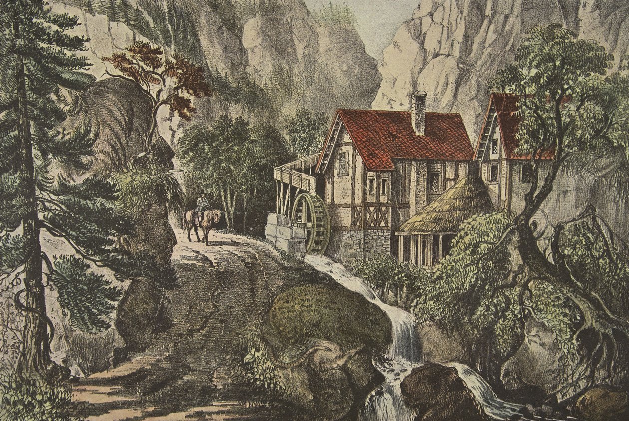 Obrázek - starý, švýcarský mlýn, hospoda. 1872, Currier & Ives od American School