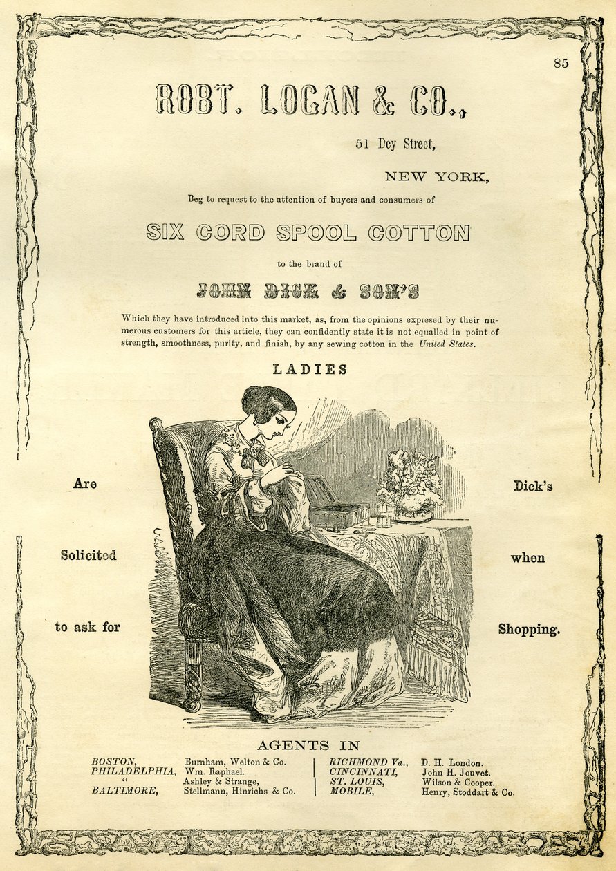 Robt. Logan & Co., 51 Dey Street, New York - Žádáme o pozornost kupujících a spotřebitelů Six Cord Spool Cotton na značku John Dick & Sons (dřevoryt) od American School