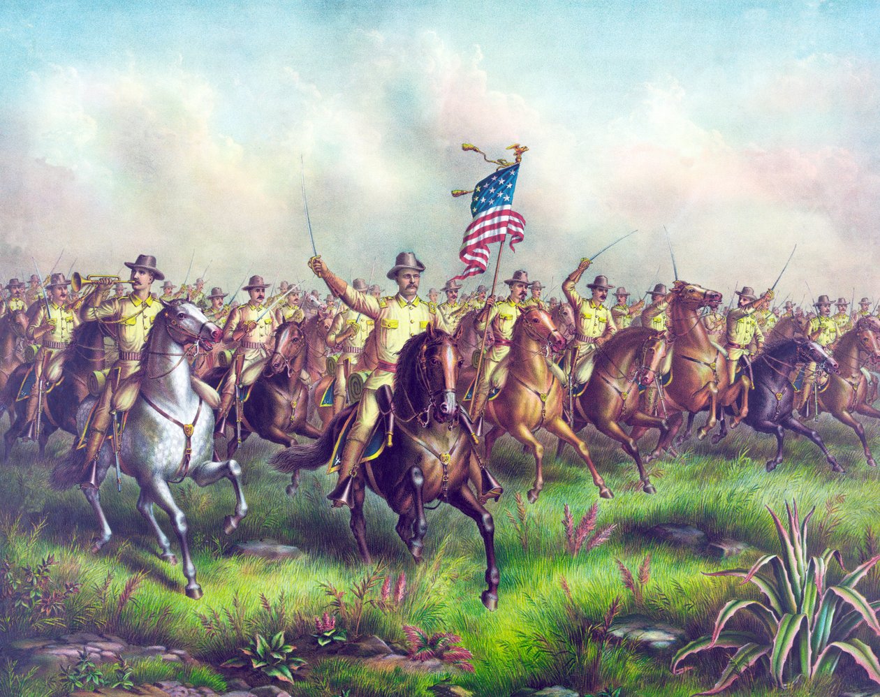 Rough-Riders, vedeni plk. Theodorem Rooseveltem, hospoda. 1898 (ručně kolorovaná rytina) od American School