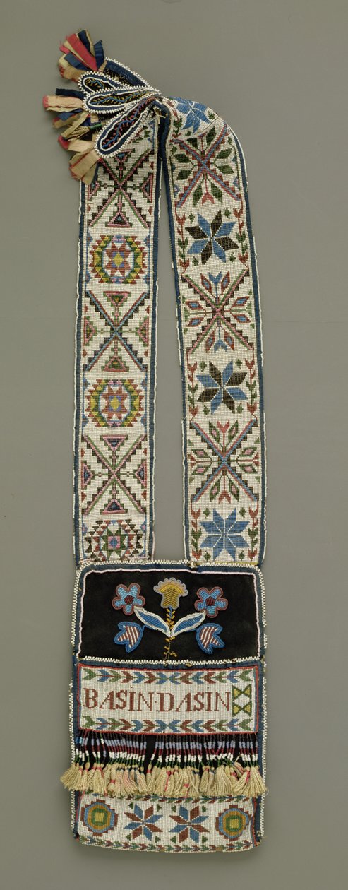 Taška přes rameno, Chippewa, Native American, cca 1850 (vlna, příze, bavlna a nit, hedvábná stuha a skleněné korálky) od American School
