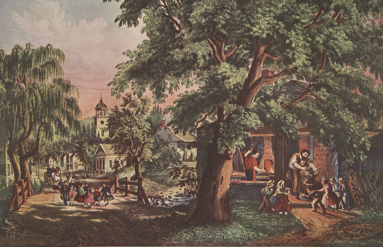 Vesnický kovář, hospoda. 1864, Currier & Ives od American School
