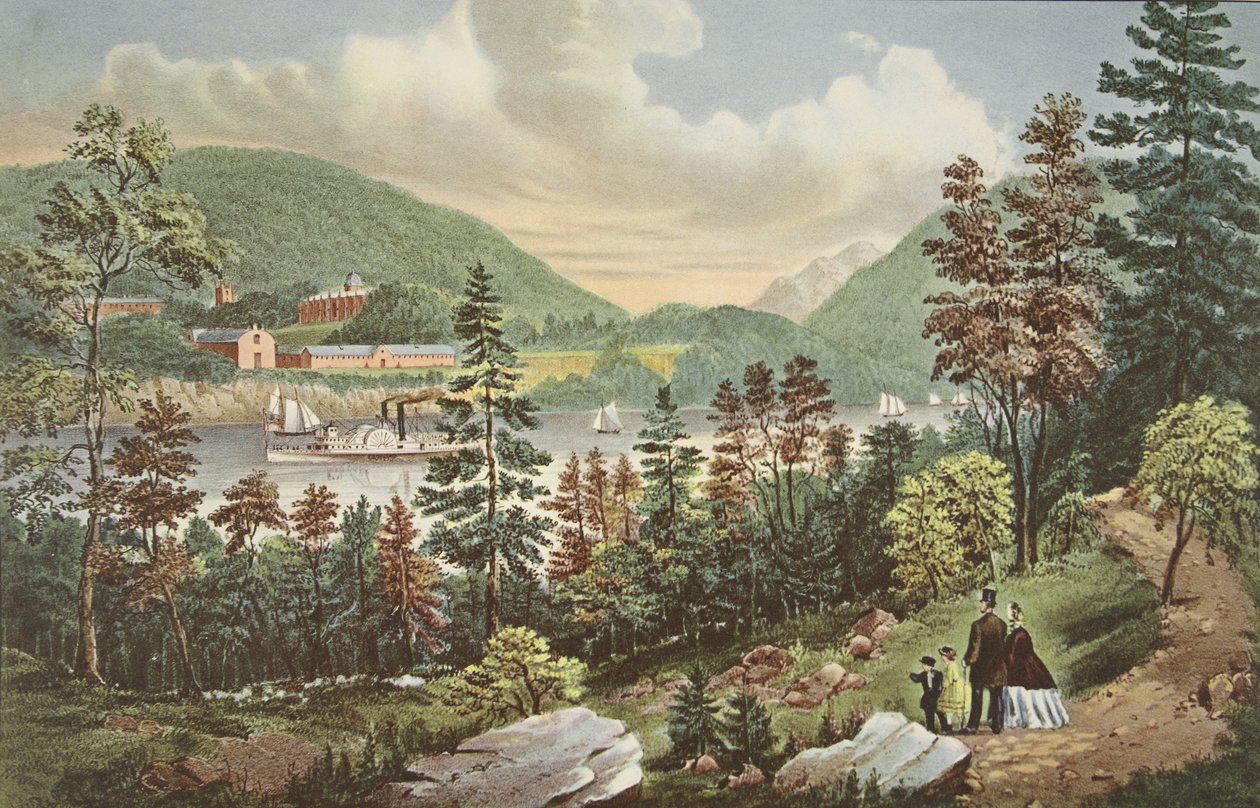 U.S. Military Academy - West Point, z protějšího Shore, hospoda. 1862, Currier & Ives od American School