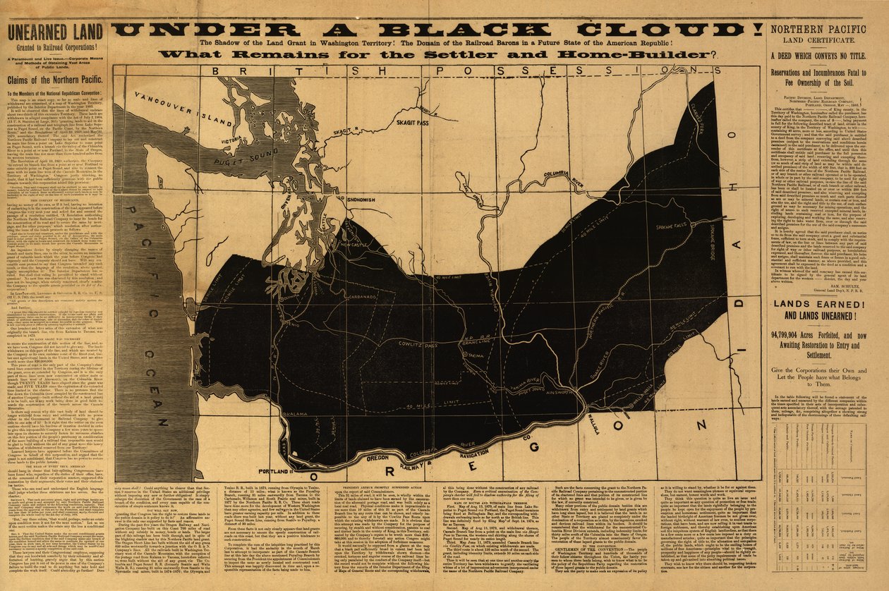 Pod černým mrakem! Co zbývá osadníkovi a staviteli domů? Mapa území Washingtonu zveřejněná ministerstvem vnitra v roce 1883 od American School