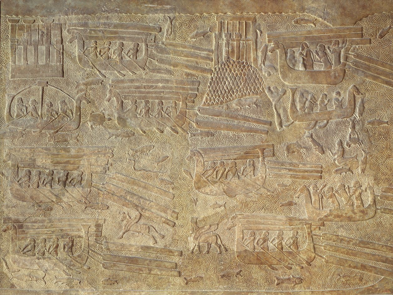 Reliéf zobrazující přepravu dřeva po moři od Assyrian