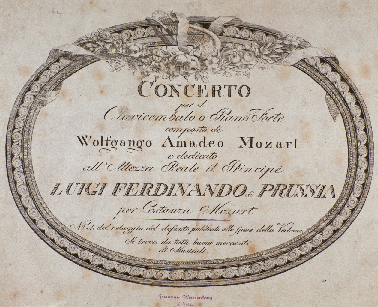 Frontispis partitury koncertu pro klavír a cembalo rakouského skladatele Wolfganga Amadea Mozarta (1756-1791). od Austrian School