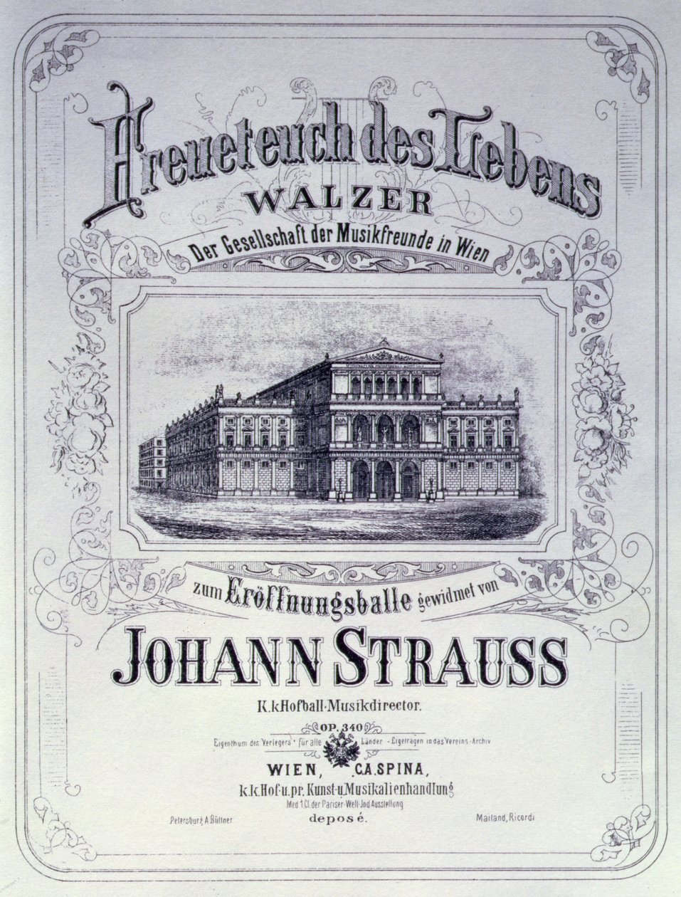 Reklamní plakát Freueteuch des Lebens, valčík od Johanna Strausse mladšího, který bude představen na zahajovacím plese v roce 1870 od Austrian School