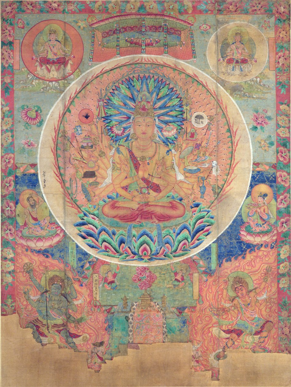 Ch.xxvviii.006 Mandala Sahasrabhuja Avalokitesvara, Tunhuang (barva látky na hedvábí) od Chinese School