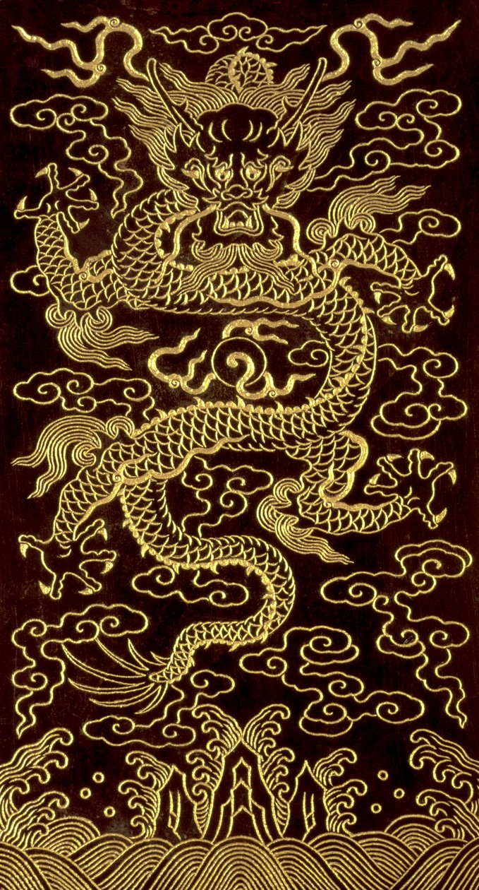 Drak, obálka koncového folia knihy o 10 tabletách, The Song of the Jade Bowl, napsal císař Qianlong, 1745, čínština (rytý a zlacený nefrit) od Chinese School