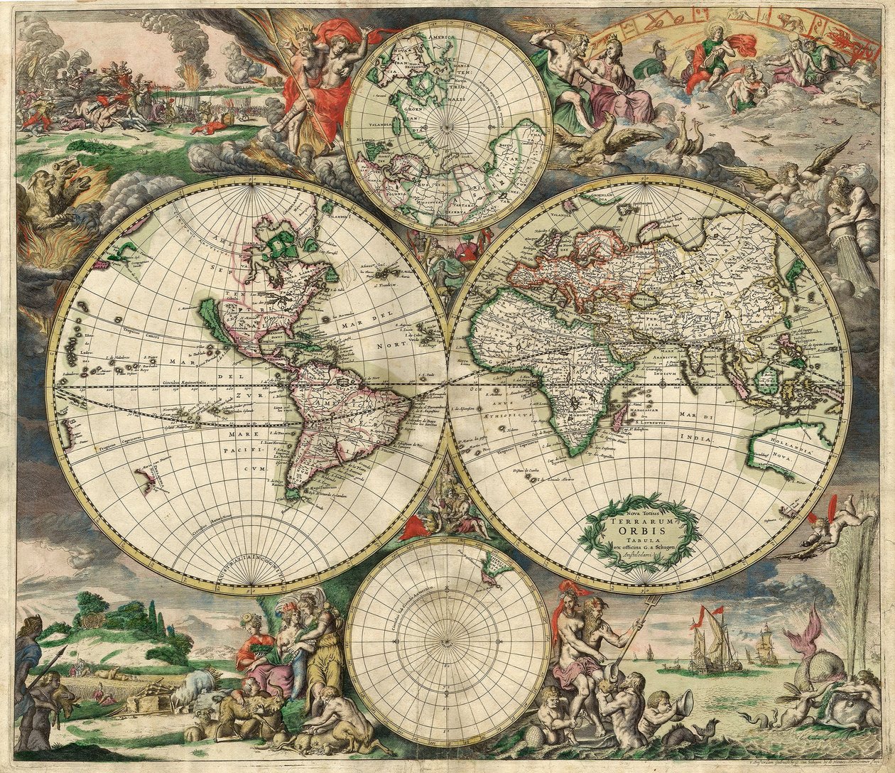 Terrarum Orbis Tabula po G. a Schagen. Hospoda. C. 1689 (ručně kolorovaná rytina) od Dutch School